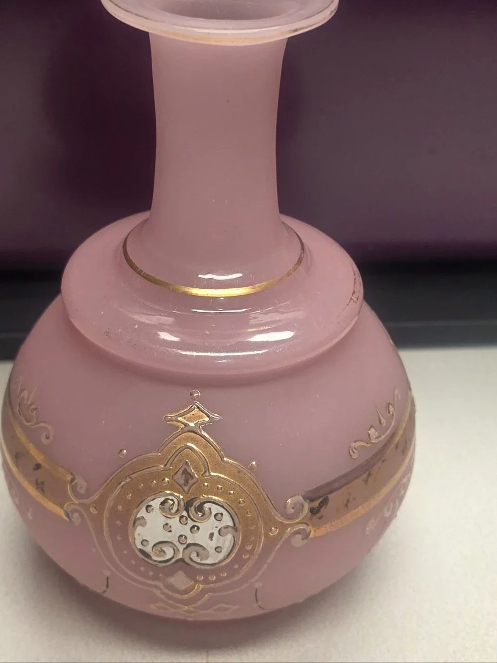 Antique Pink Opaline Glass Decanter. Genie Bottle